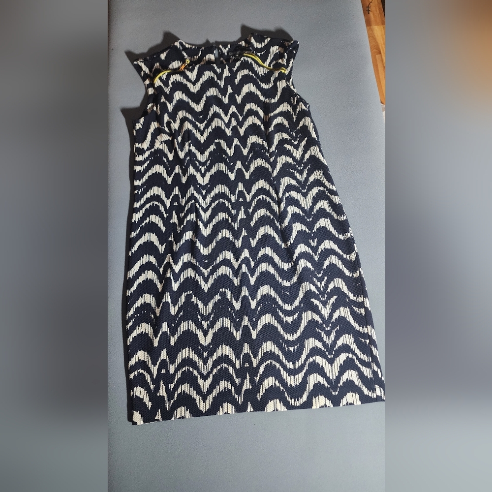 Karin Stevens 16W Navy White Abstract Shift Dress Gold Zip Plus Size